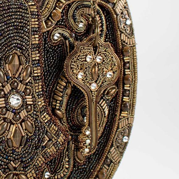 Mary Frances Lock it Up Beaded Handle Bag Leather Handbag Brown Gold Purse NEW - Picture 7 of 7